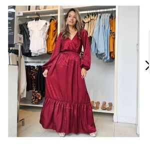 Satin Floral Jacquard V-Neck Tiered Maxi Dress